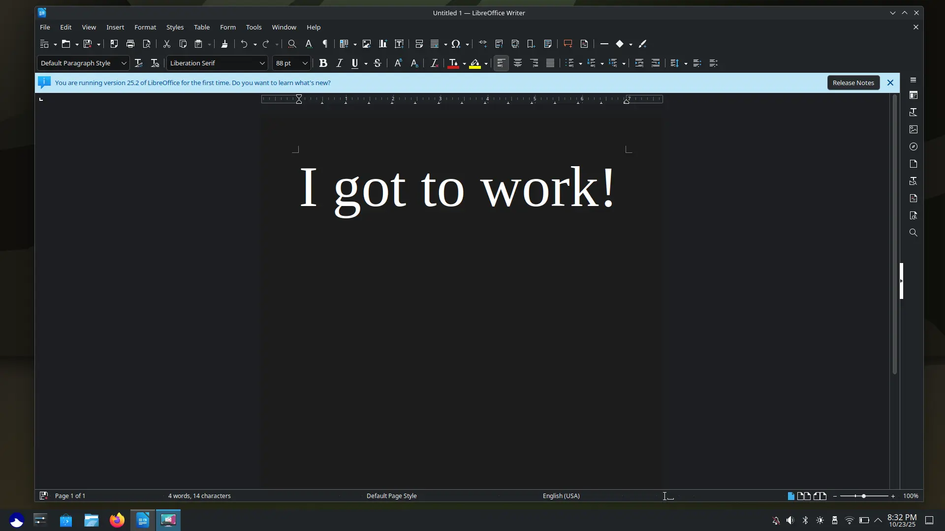 Screenshot of an Ultramarine GNOME system using Libreoffice